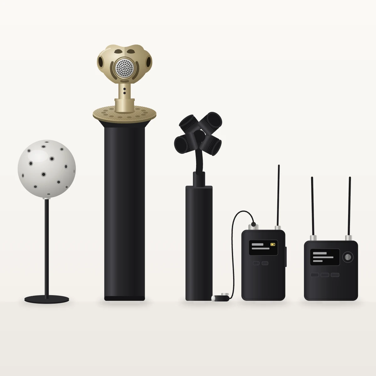 Illustration of third-party mics: two tetrahedral ambisonic mics (gold and black), a 32-capsule spherical array, a lav mic with compact wireless transmitter, and a dual-antenna receiver.