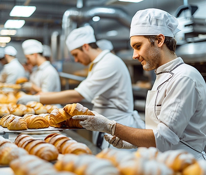 Three bakers in white uniforms inspecting fresh croissants on trays in a bakery production line.