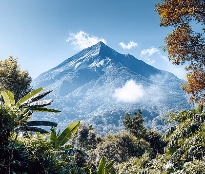 View of a tall mountain peak rising above lush green forest under a clear blue sky with scattered clouds.