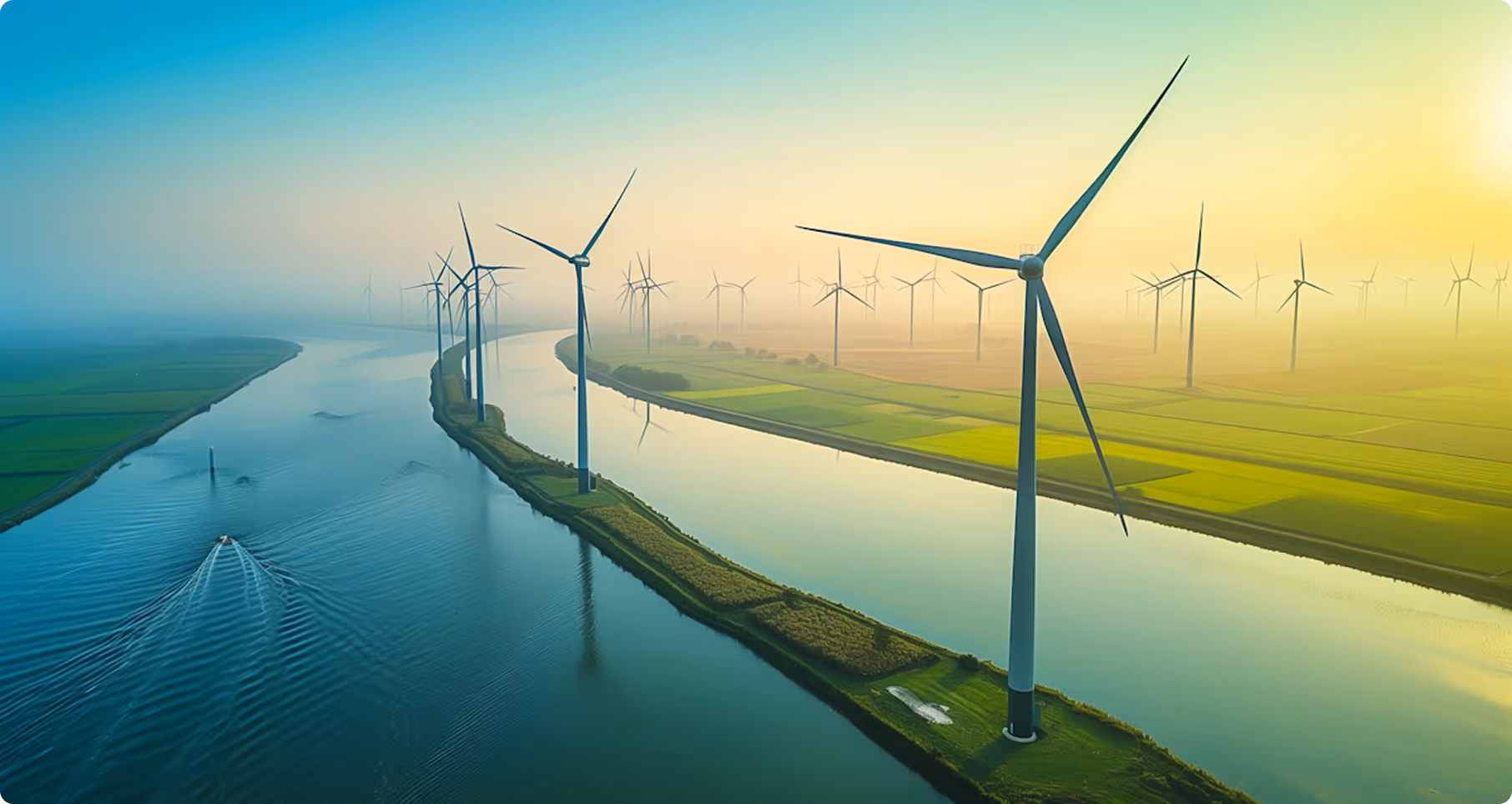 Aerial view of wind turbines along a river with green farmland at sunrise or sunset.
