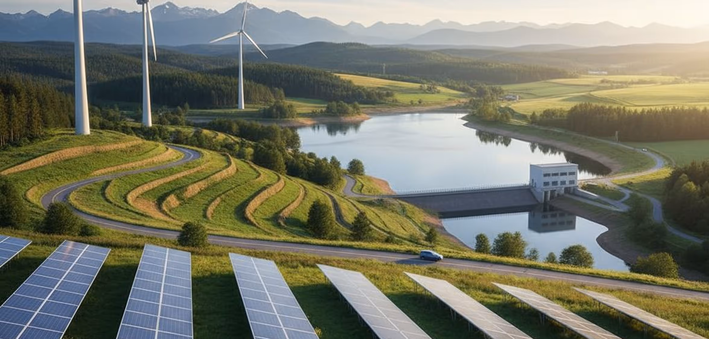 Solar panels, wind turbines, and a dam in a green rural landscape with a lake and mountains in the background.