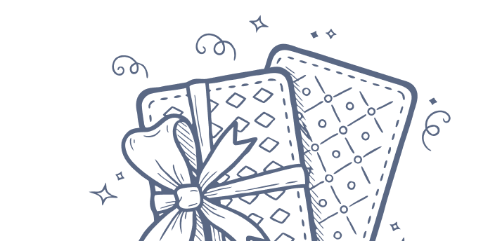 Two gift cards tied with a ribbon and bow, decorated with diamond and circle patterns.