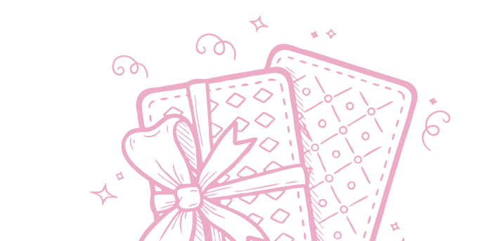Pink line art of two gift cards with decorative bows and sparkles on black background.