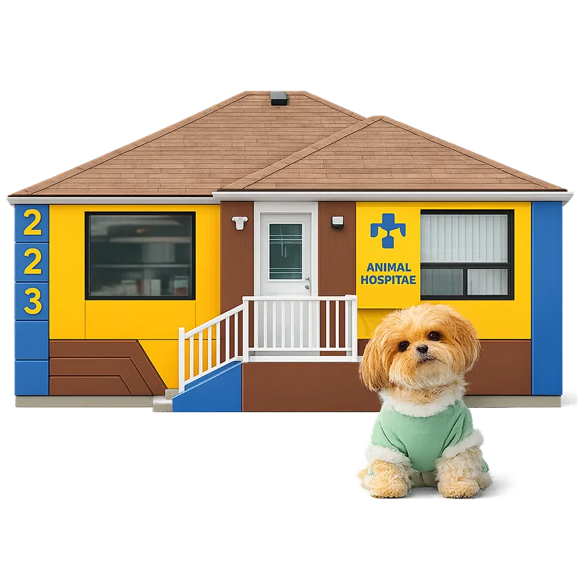 Illustration of the Toronto North Animal Hospital building at 223 Sheppard Ave W, with a small dog in a green sweater sitting in front.
