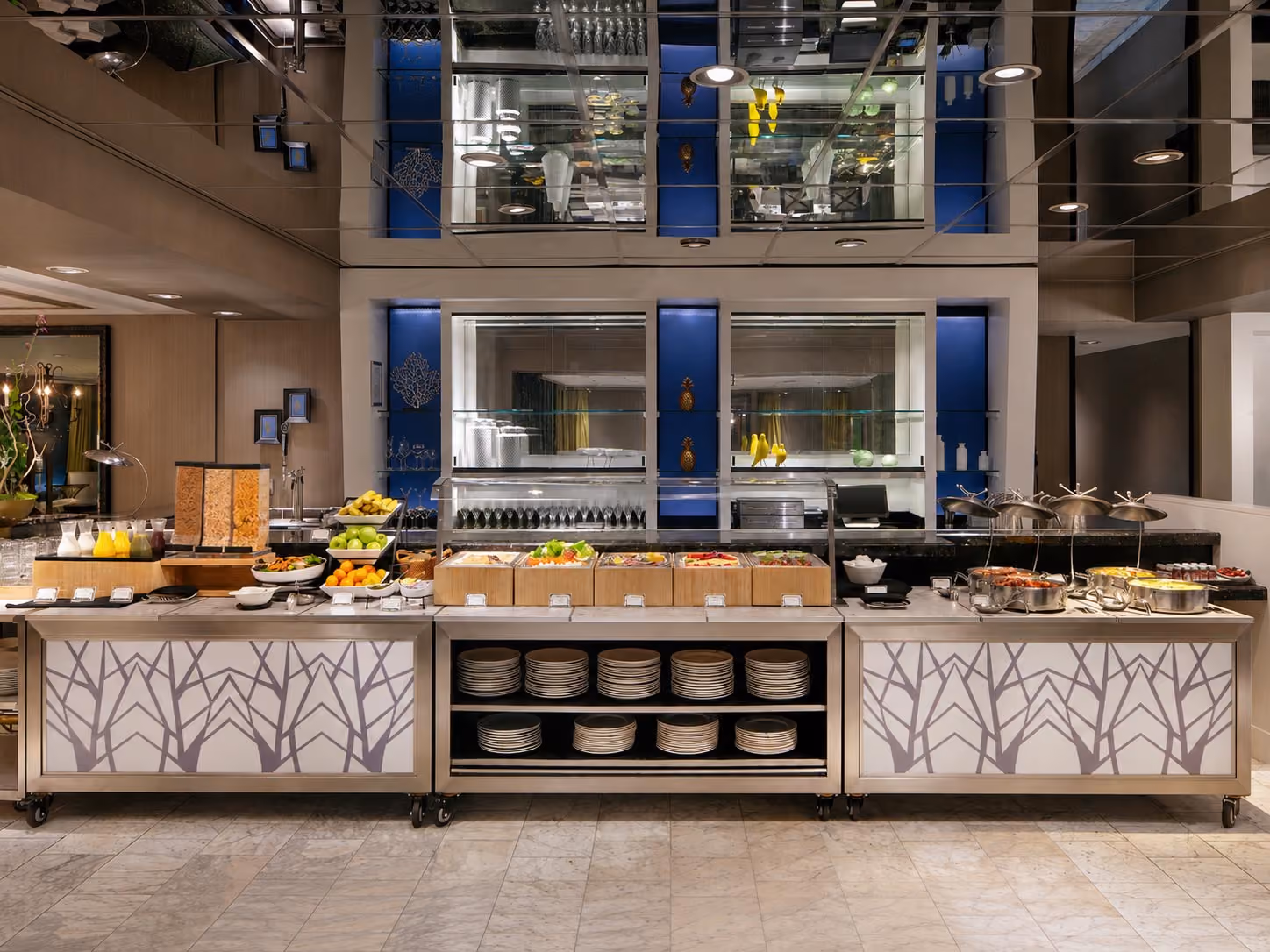 Full breakfast buffet with salads, fruit, and hot dishes.