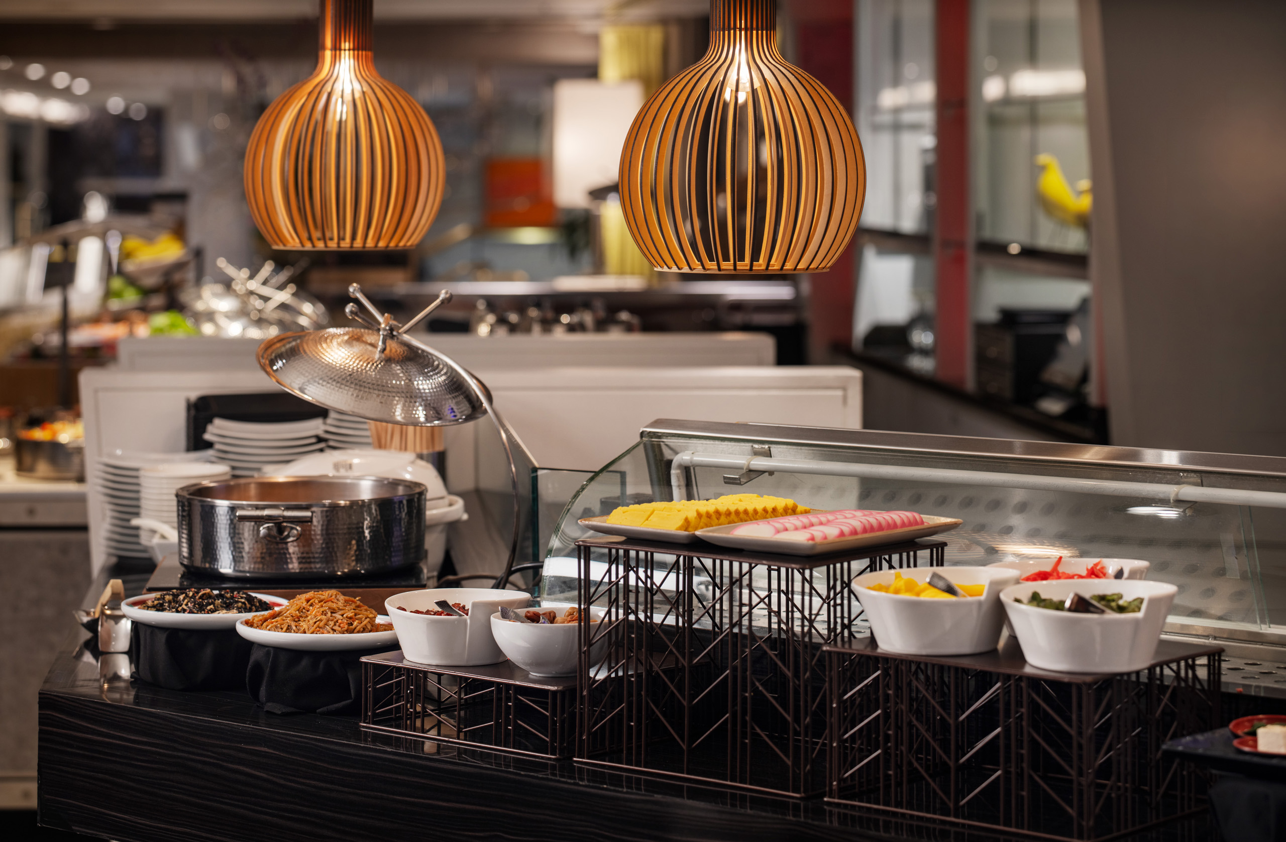 Japanese breakfast buffet with hot and cold selections.