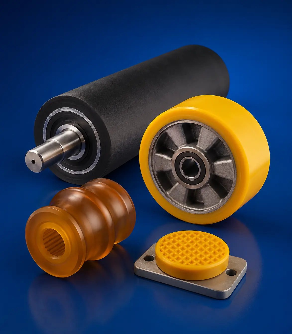 Rouleau guide EPDM, pièce moulée en polyuréthane 70 Shore A, roue guide 90 Shore A et butoir 65 Shore A surmoulé