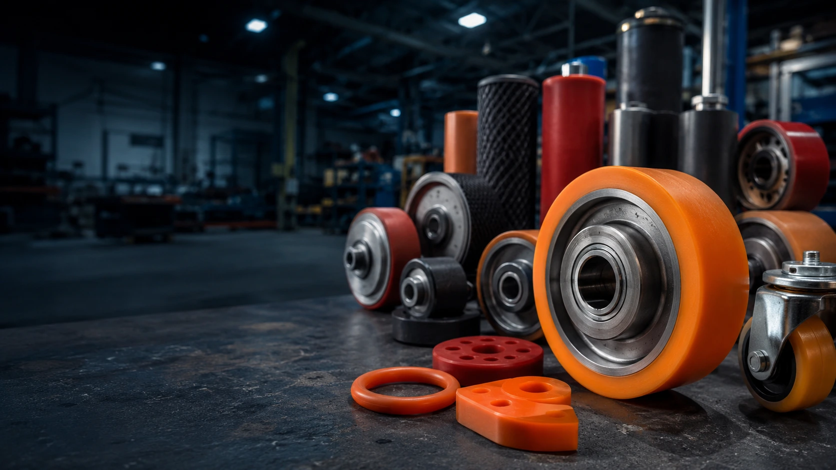 Assortiment de rouleaux recouverts, roues et galets sur mandrins métalliques et pièces moulées en polyuréthane