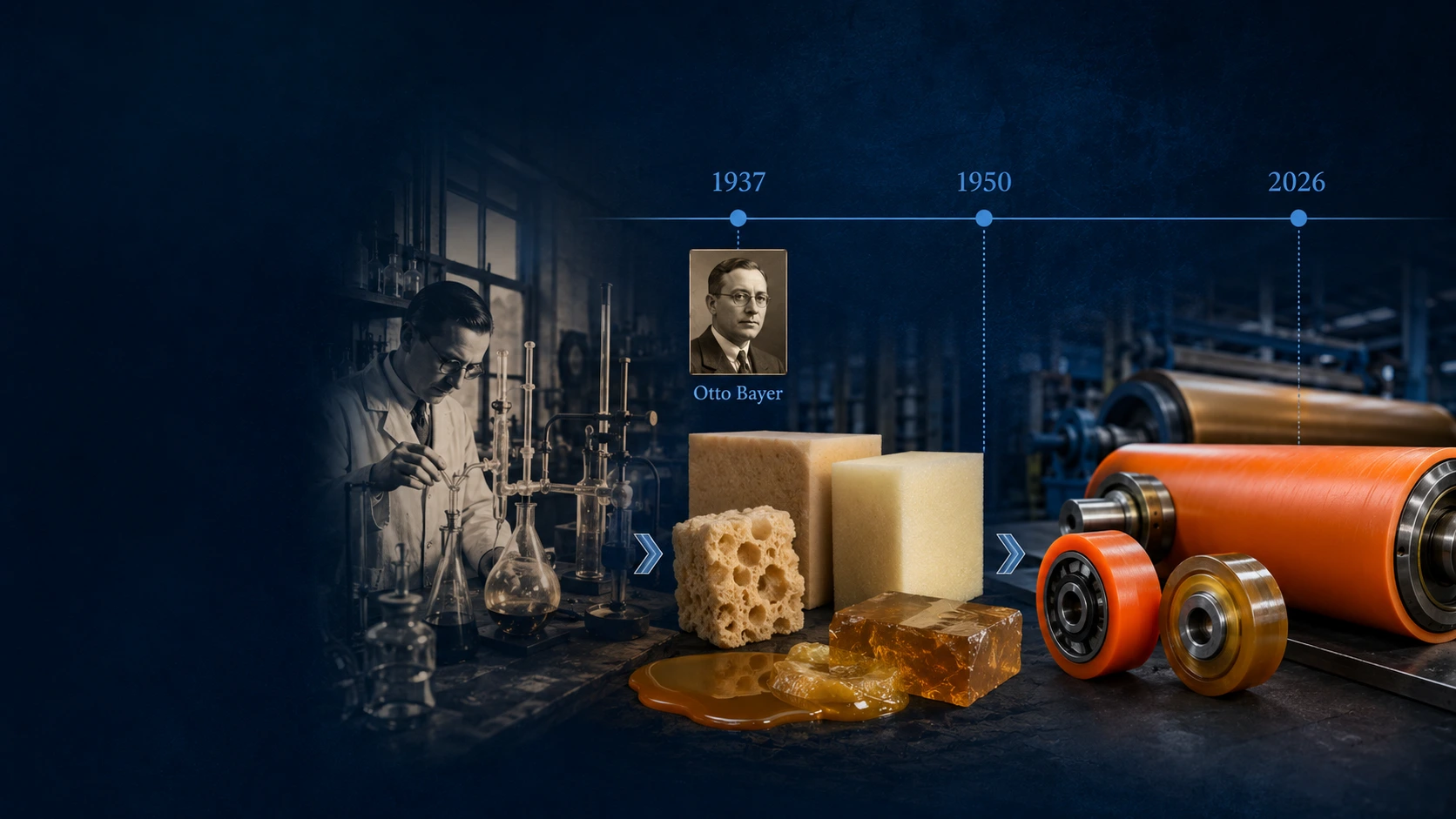 Frise historique du polyuréthane : du laboratoire de 1937 aux roues et rouleaux PU modernes
