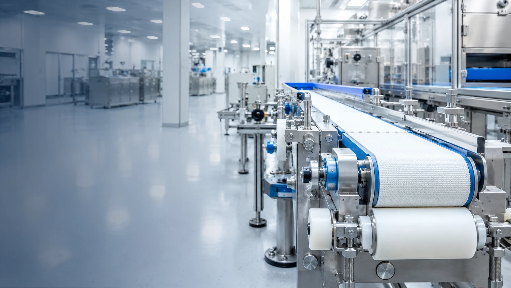 Intérieur d'usine agroalimentaire : ligne de convoyage inox avec rouleaux blancs de grade alimentaire