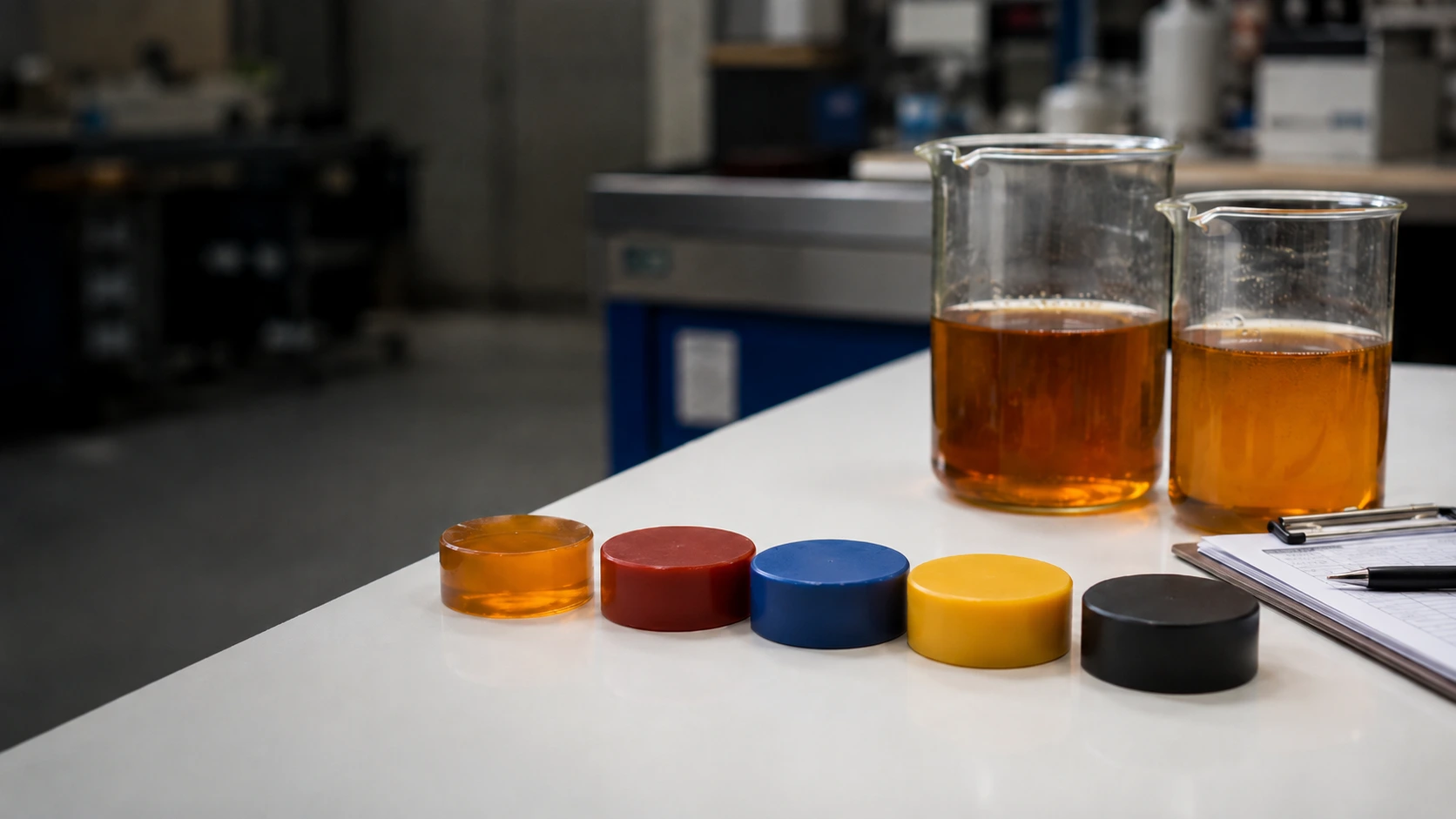 Choix de formulation de polyuréthane coulé — échantillons de duretés et couleurs variées au laboratoire Soremag