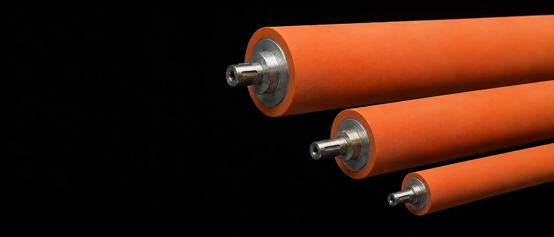 Trois rouleaux recouverts de silicone orange mat de formats différents sur mandrins d'acier