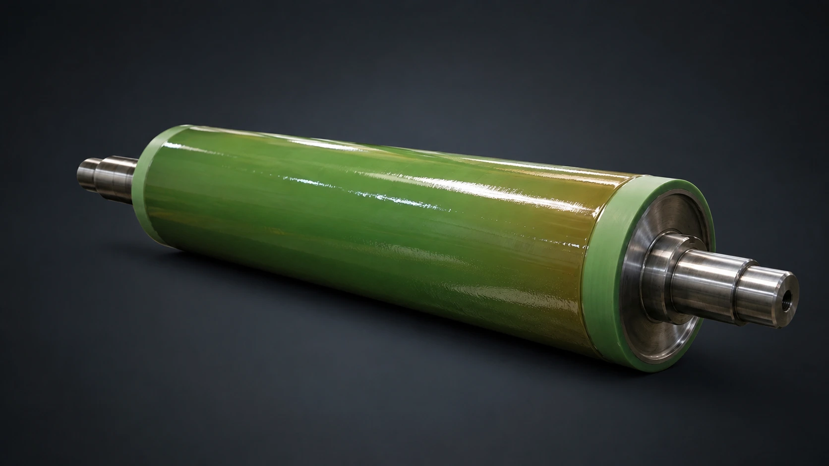 Rouleau applicateur recouvert de polyuréthane coulé vert satiné sur mandrin d'acier