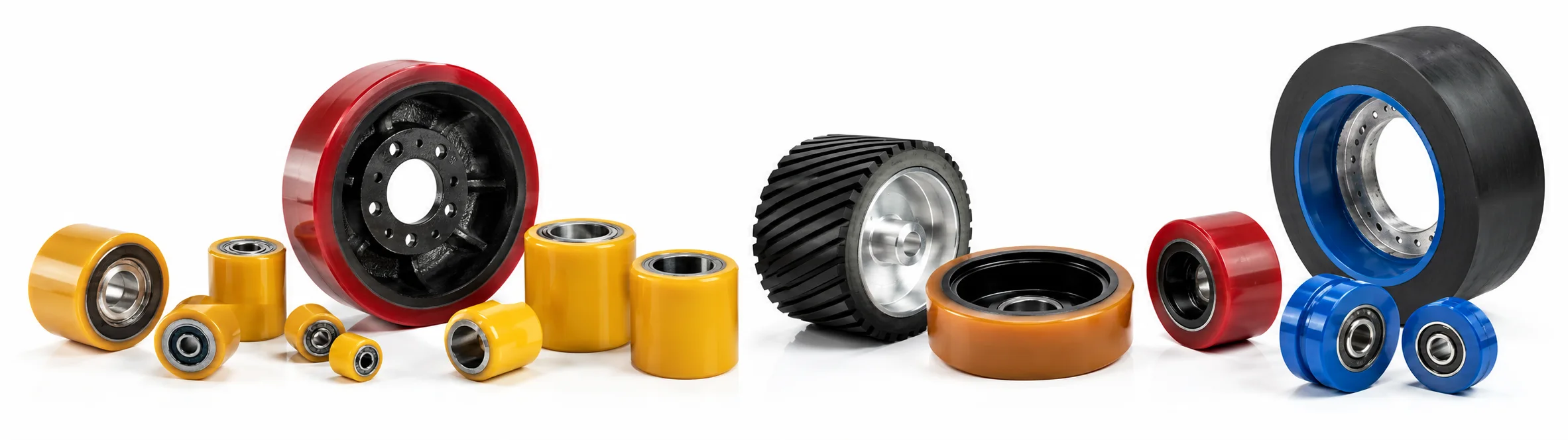 Roues industrielles recouvertes de polyuréthane (rouge, jaune, bleu) et de caoutchouc noir, avec moyeux et bearings
