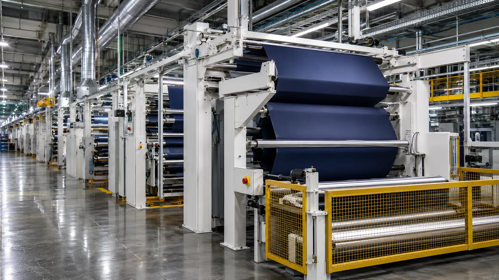 Ligne de finition textile : larges nappes de tissu bleu marine passant sur une série de rouleaux recouverts