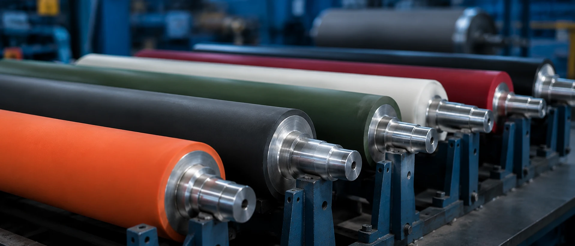Alignement de rouleaux industriels recouverts de caoutchouc de couleurs variées — orange, noir, vert, blanc et rouge