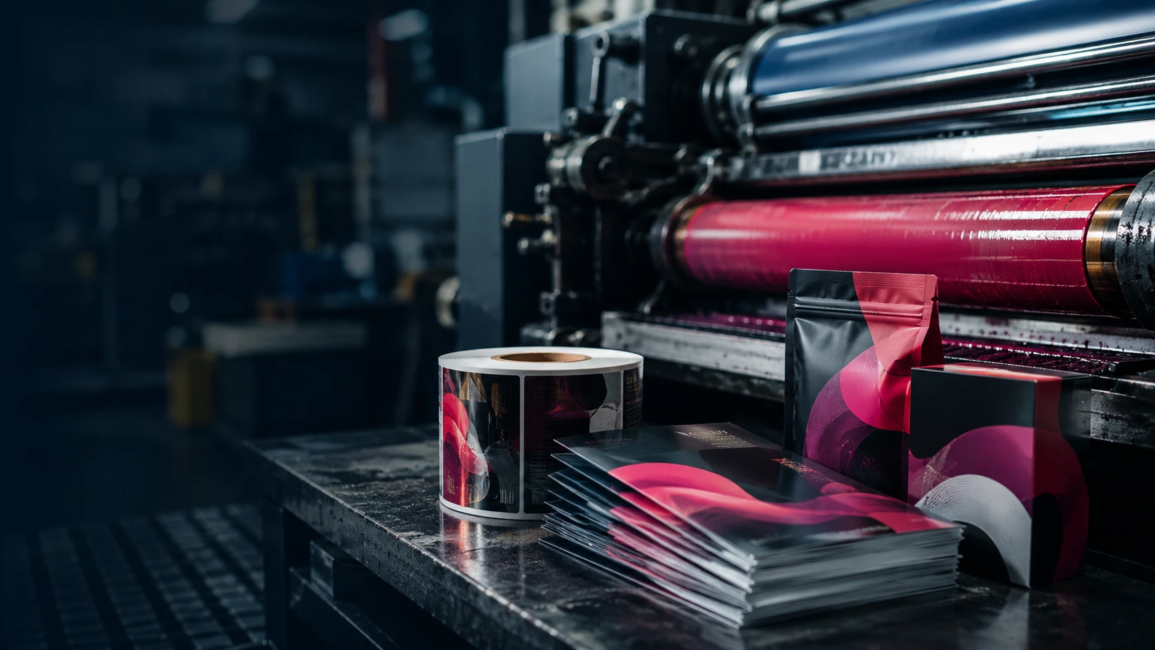 Presse d'imprimerie avec rouleau encreur magenta et produits imprimés finis au premier plan