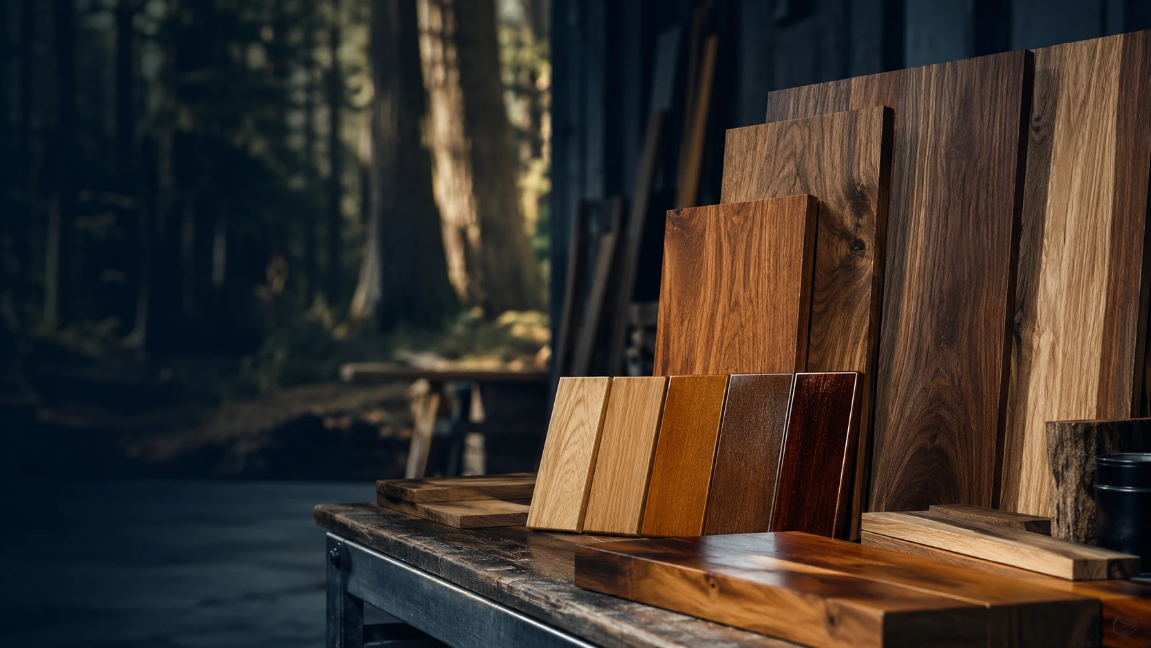 Panneaux et planches de bois franc vernis, teints et sablés, avec échantillons de finis au premier plan