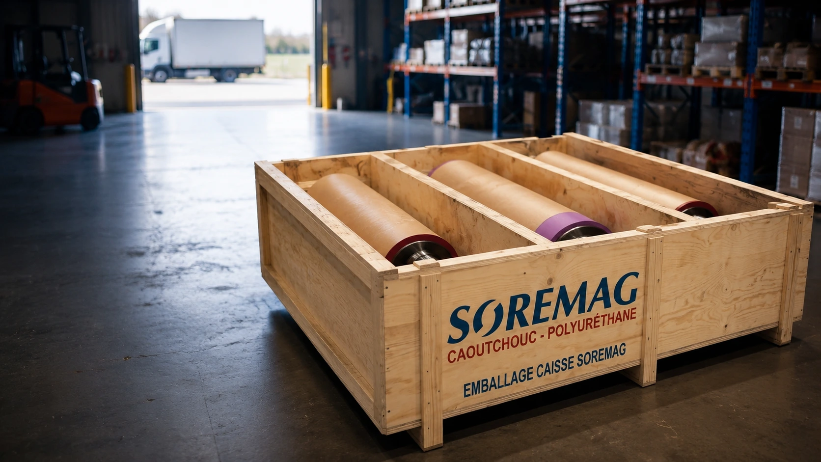 Caisson de transport Soremag avec rouleaux recouverts prêts à expédier au quai