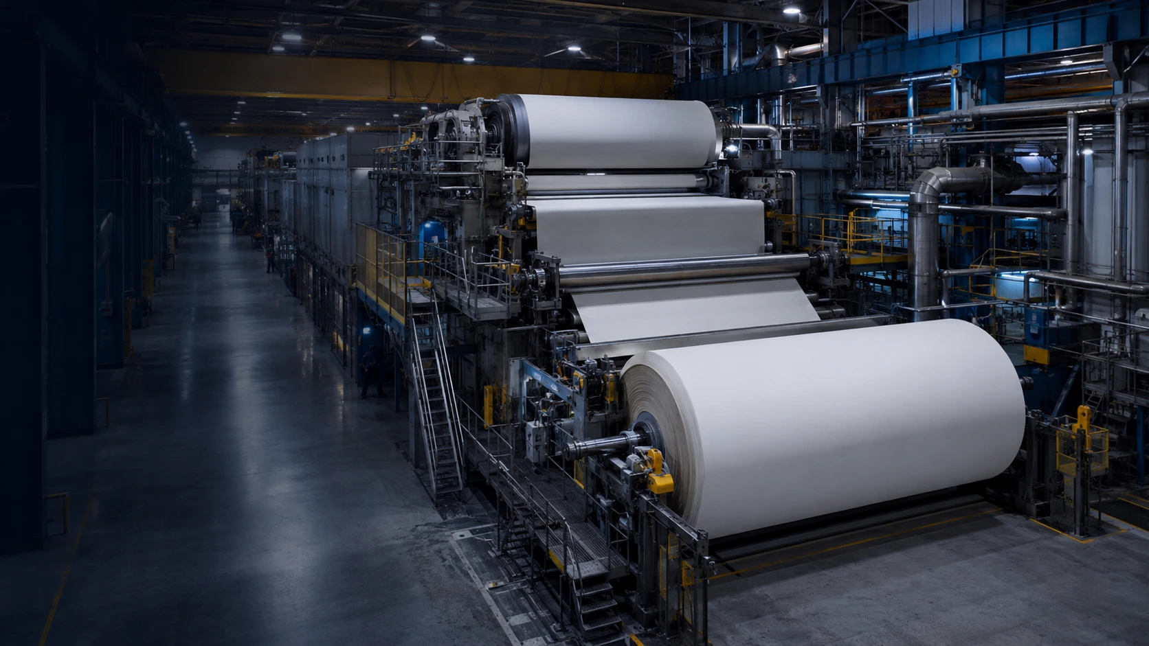 Machine à papier en production dans une papeterie : grande bobine (reel) et rouleaux de séchage et de finition