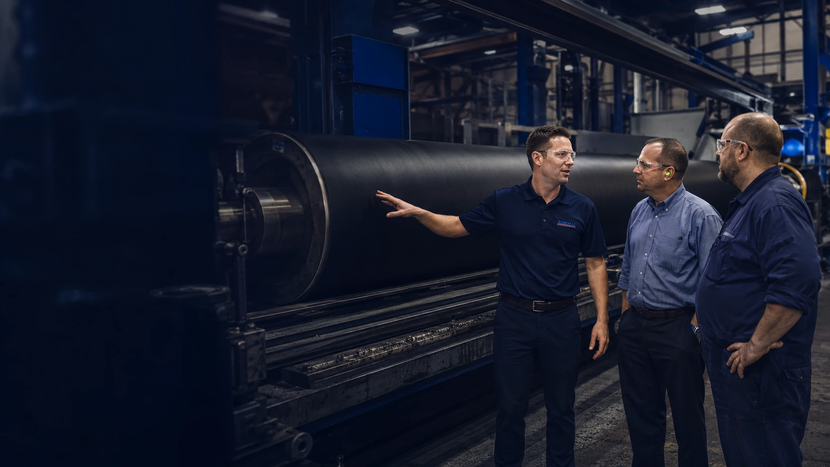 Représentant technique Soremag en discussion avec le directeur de maintenance devant un rouleau en machine
