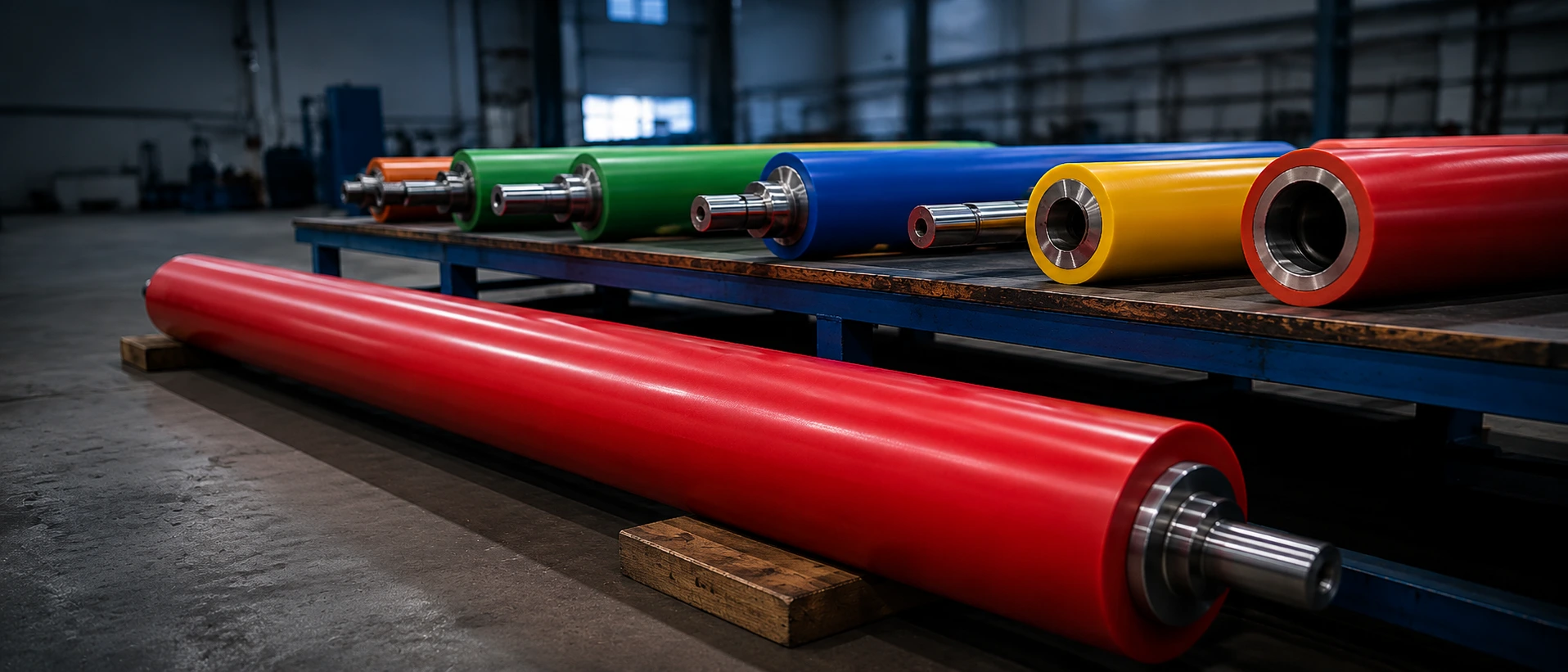 Rouleaux industriels recouverts de polyuréthane coulé de couleurs vives — orange, vert, bleu, jaune et rouge