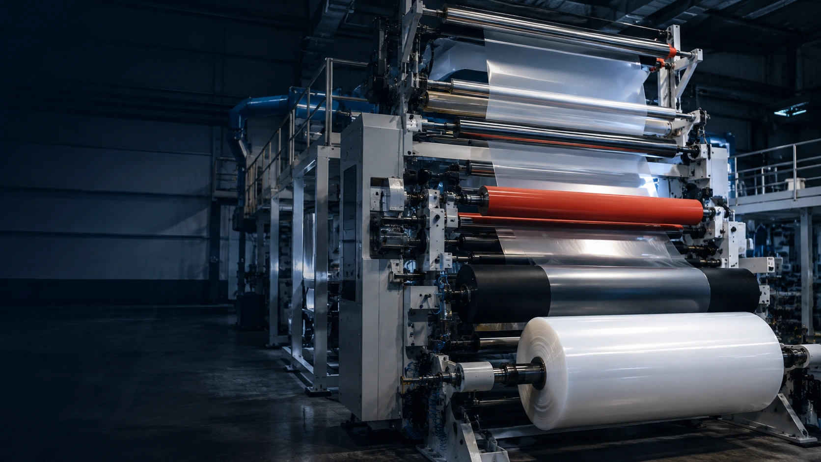 Ligne d'extrusion et de bobinage de film : rouleaux recouverts, cylindres chromés et nappe de film sur mandrin