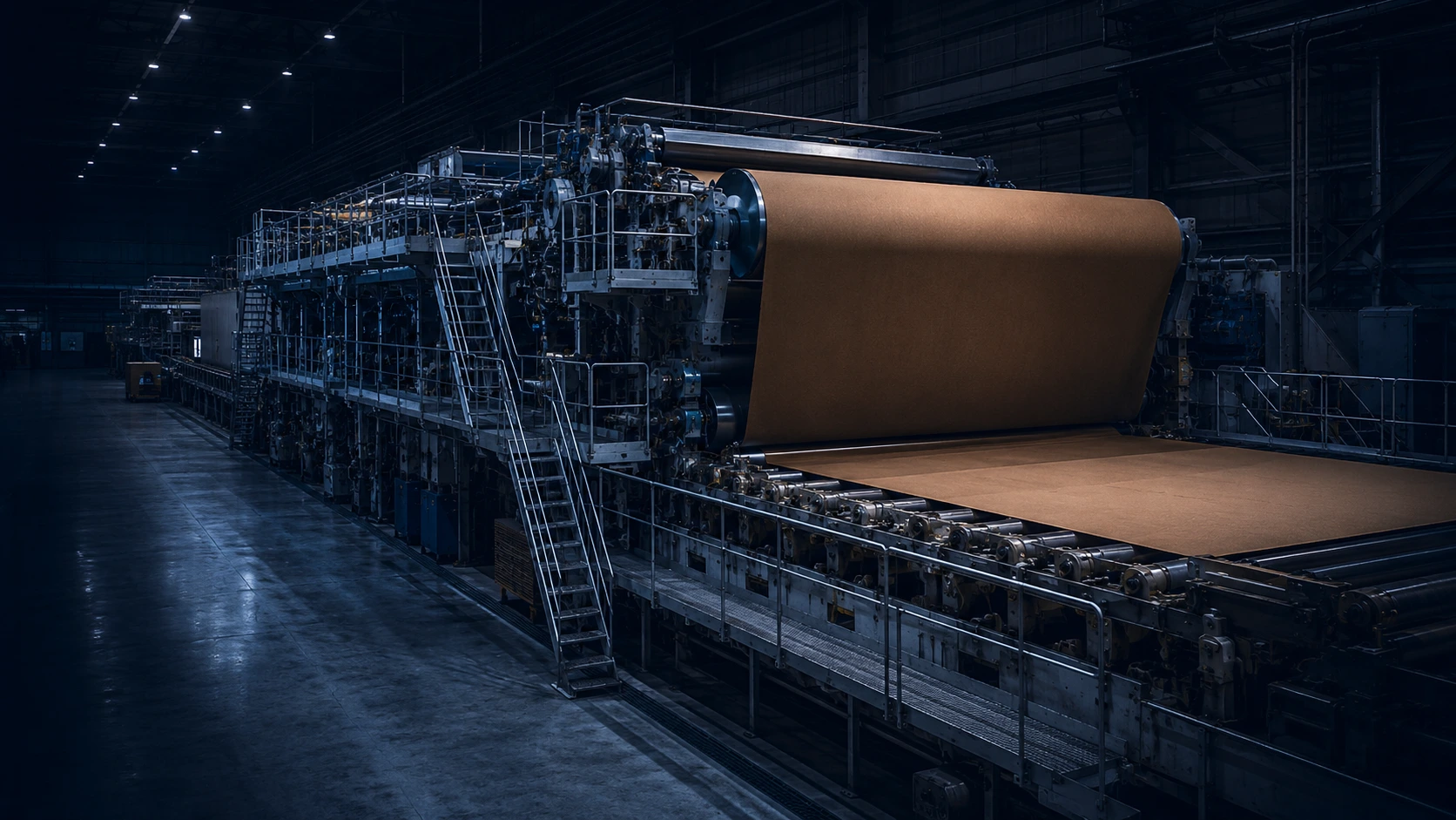 Machine à carton kraft : grande bobine de papier kraft brun et nappe de carton défilant sur des rouleaux dans une usine