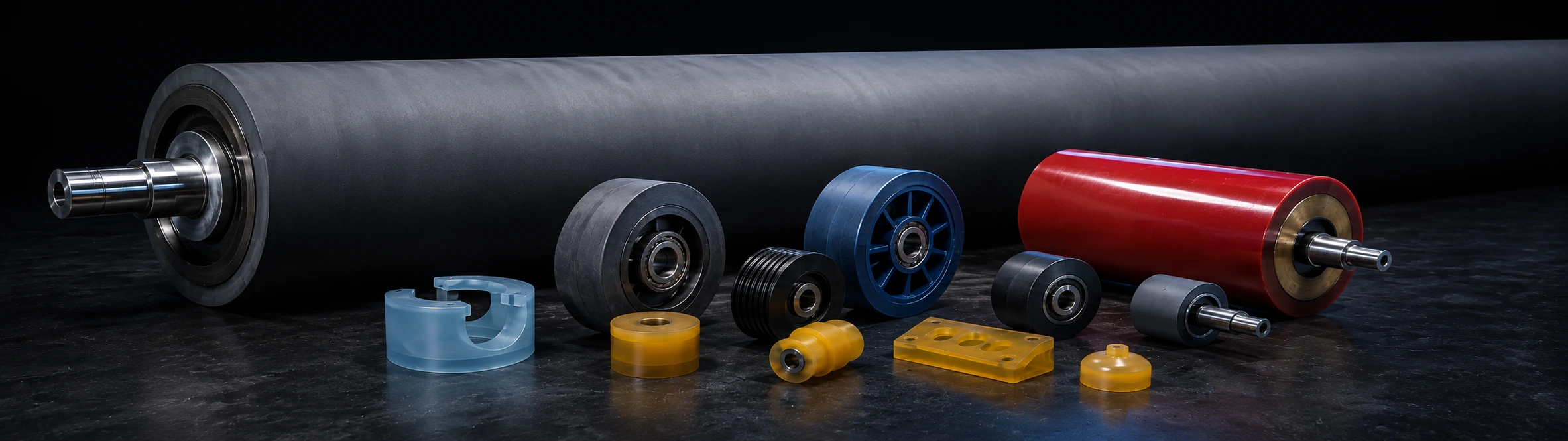 Rouleaux, roues et pièces moulées en caoutchouc et polyuréthane : nip en Hypalon, roues SBR, roulette et pièces PU