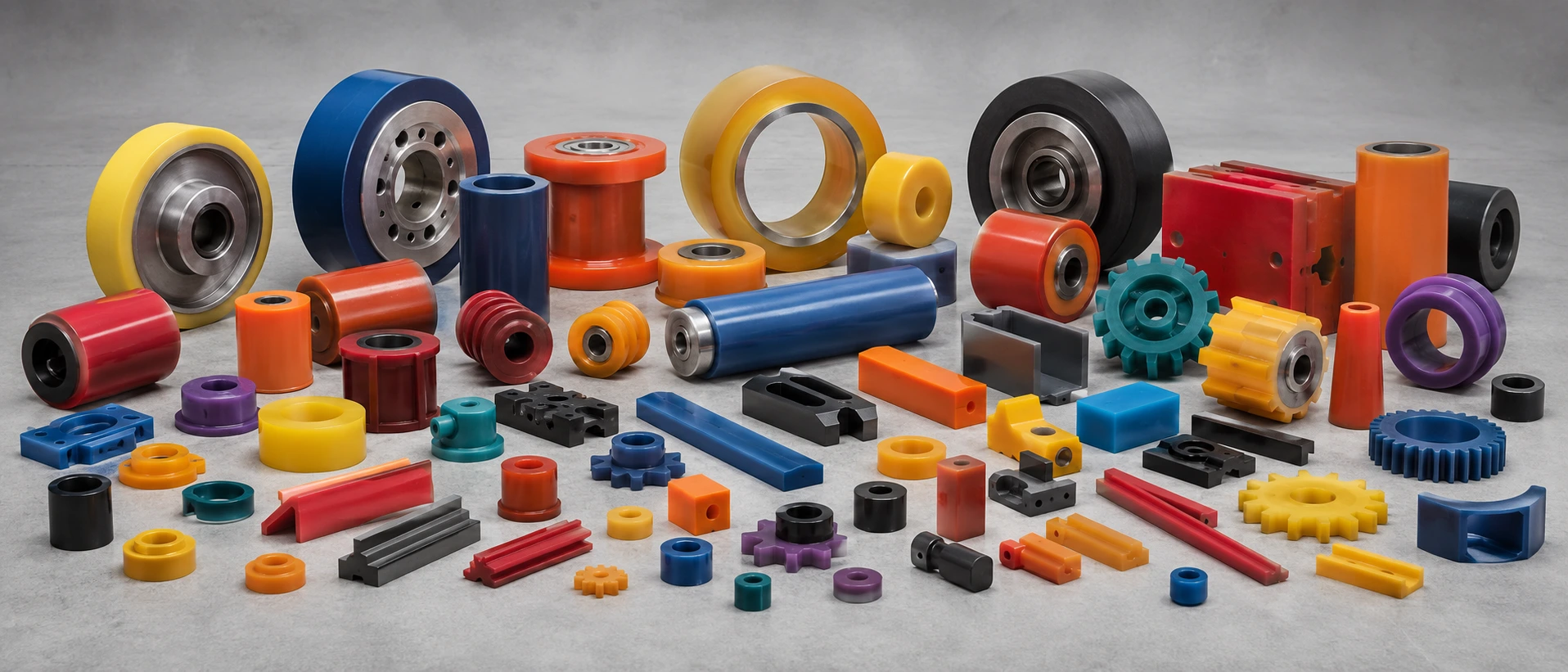 Grand assortiment de pièces moulées en polyuréthane de toutes couleurs et formats