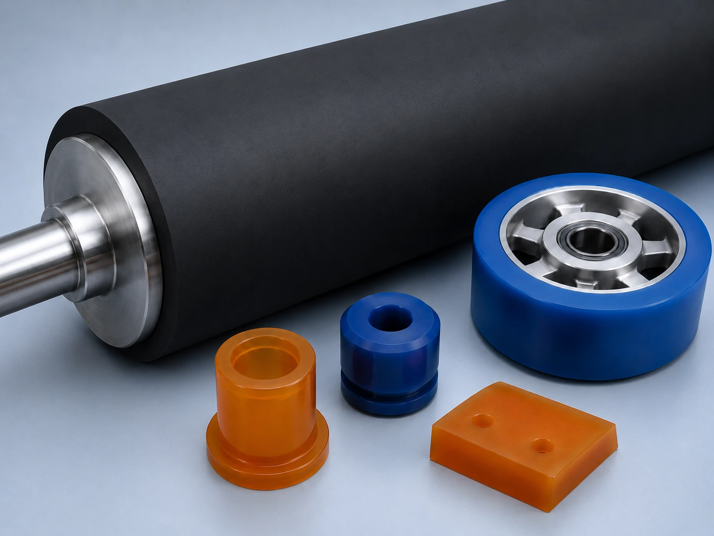 Rouleau recouvert de caoutchouc noir, roue en polyuréthane bleu et pièces moulées : bague, butoir, pièce d'usure