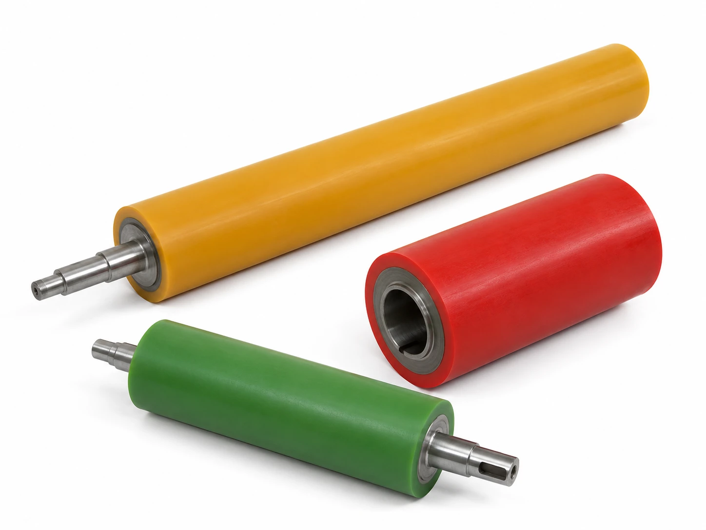 Rouleaux en polyuréthane — rouleau applicateur jaune (base TDI), manchon rouge à alésage usiné et rouleau doseur vert