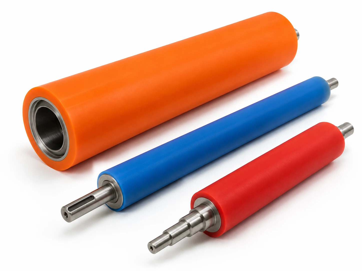 Rouleaux recouverts de polyuréthane — rouleau jaune, rouleau vert à alésage tubulaire et rouleau bleu à arbre étagé