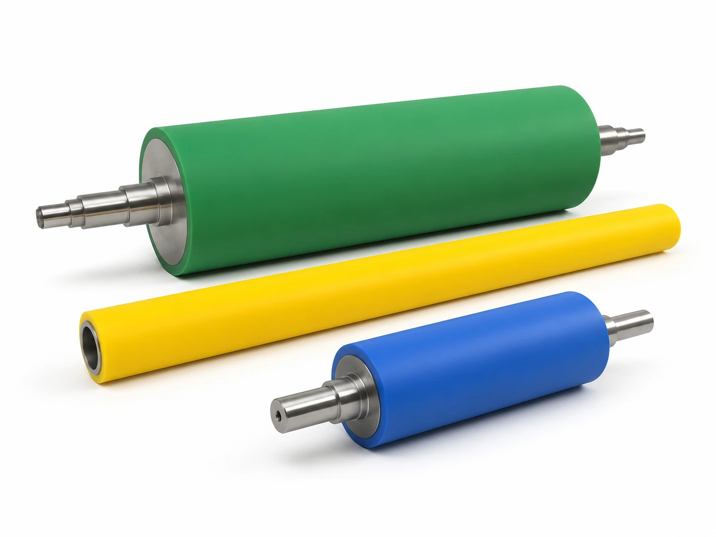 Rouleaux en polyuréthane — grand rouleau vert à arbre étagé, rouleau jaune à alésage tubulaire et rouleau bleu presseur