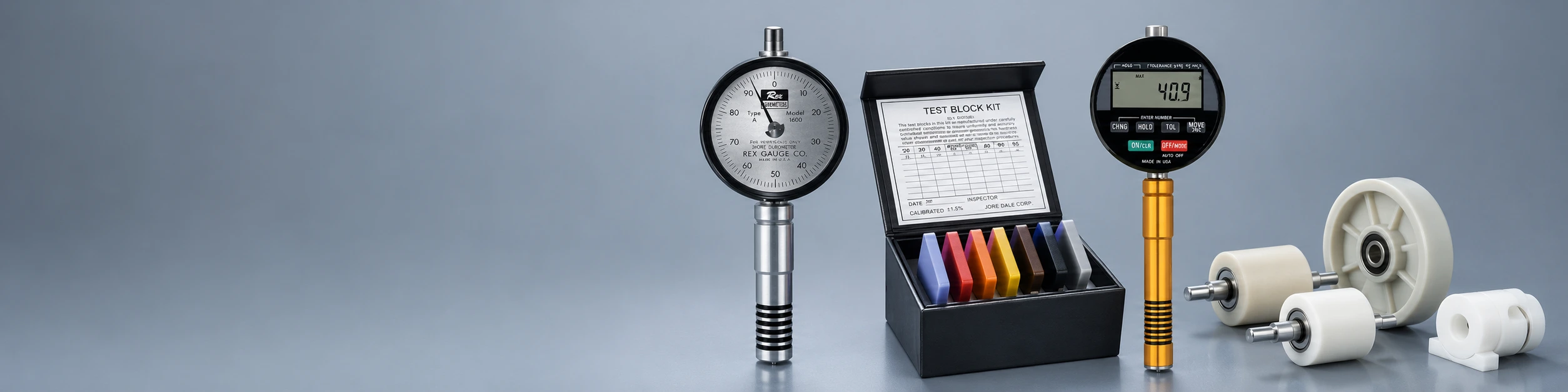 Duromètres Rex Shore A et D, bloc de calibration (test block kit), rouleaux en nylon et téflon et roue en plastique