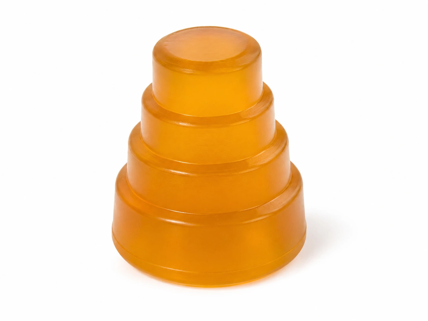 Butée conique étagée en polyuréthane ambre translucide, compression progressive étage par étage