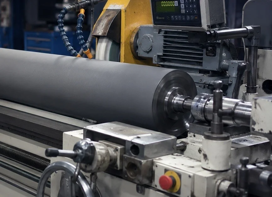 Machiniste Soremag rectifiant un rouleau sur tour — meulage et rectification de précision, Québec