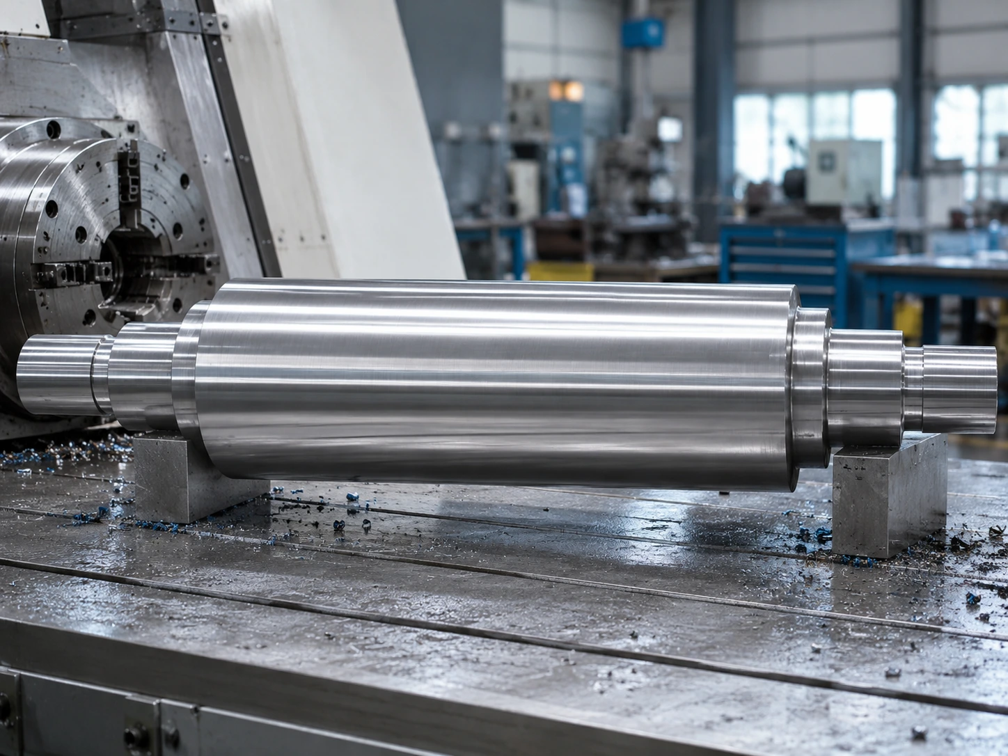 Mandrin de rouleau en acier neuf usiné sur tour CNC, portées de roulement aux deux bouts — fabrication complète