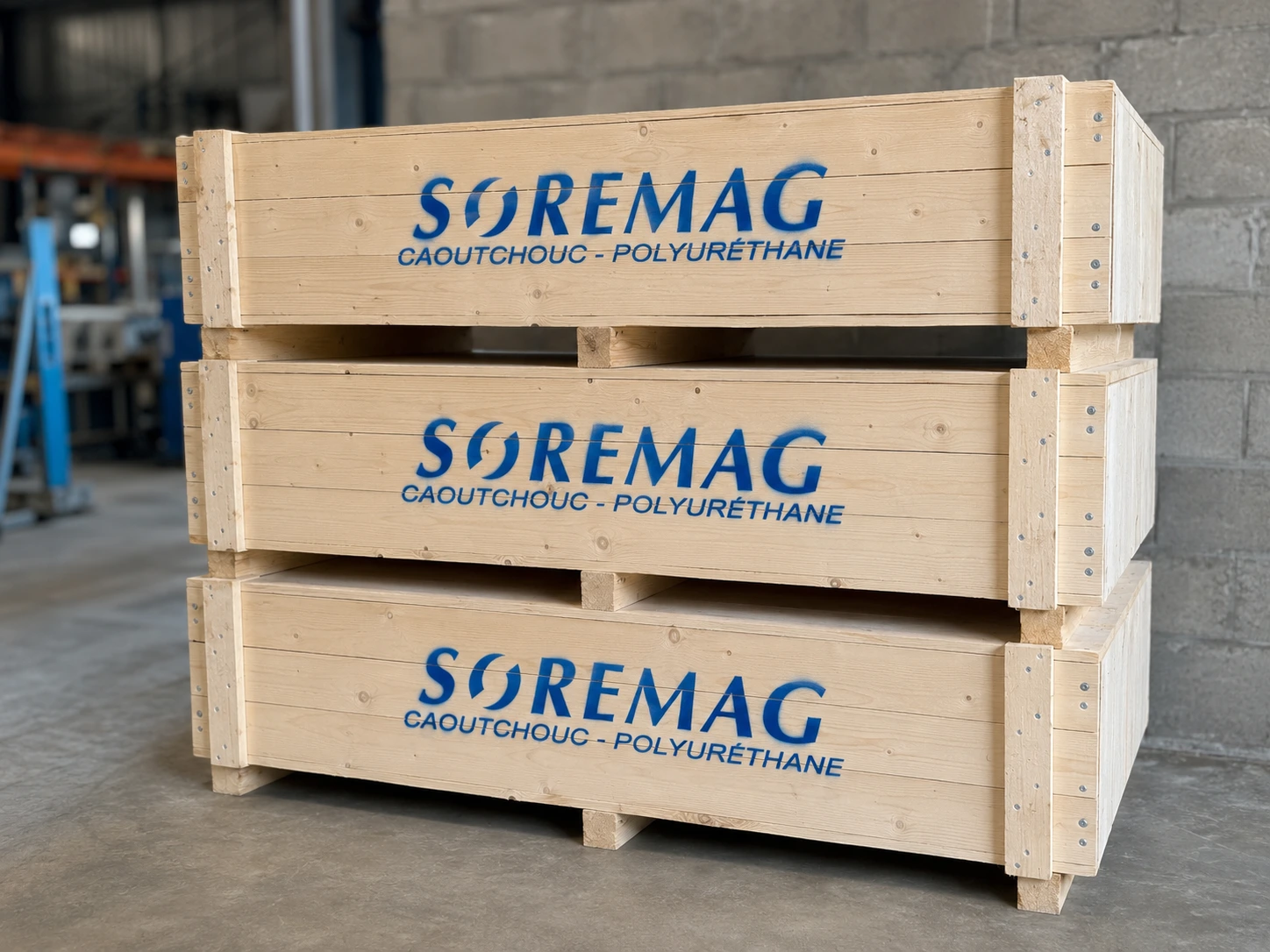 Caisson de transport en bois sur mesure fabriqué par Soremag pour protéger un rouleau recouvert