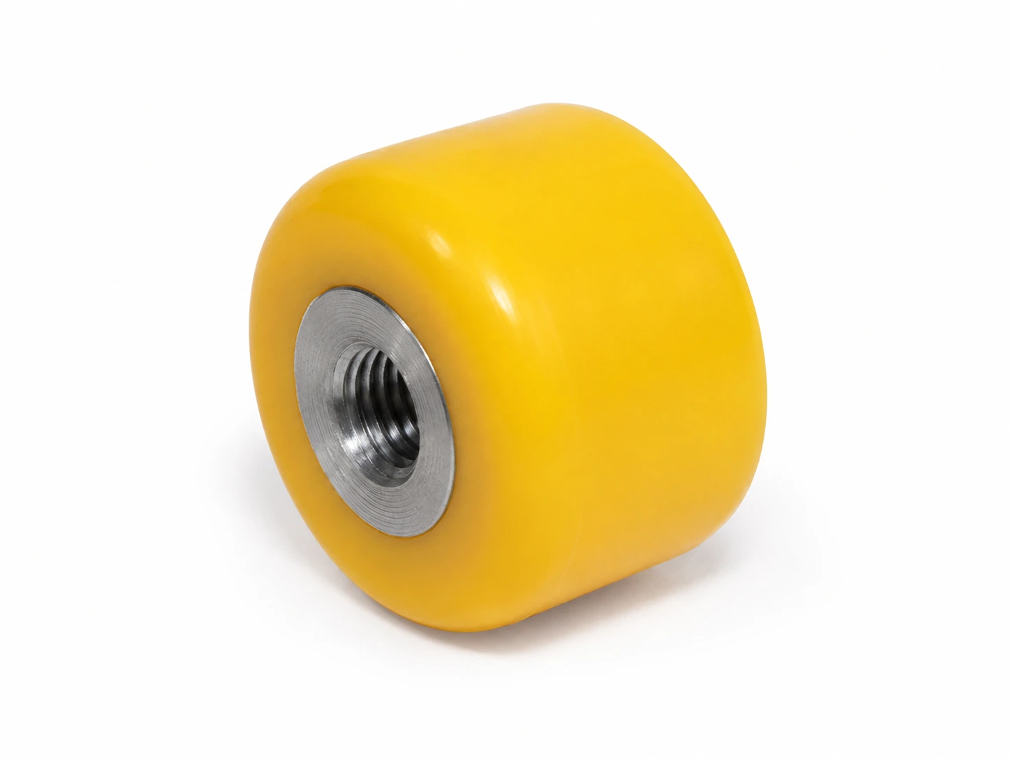 Butée en polyuréthane jaune avec insert d'acier taraudé noyé au moulage pour fixation par vis
