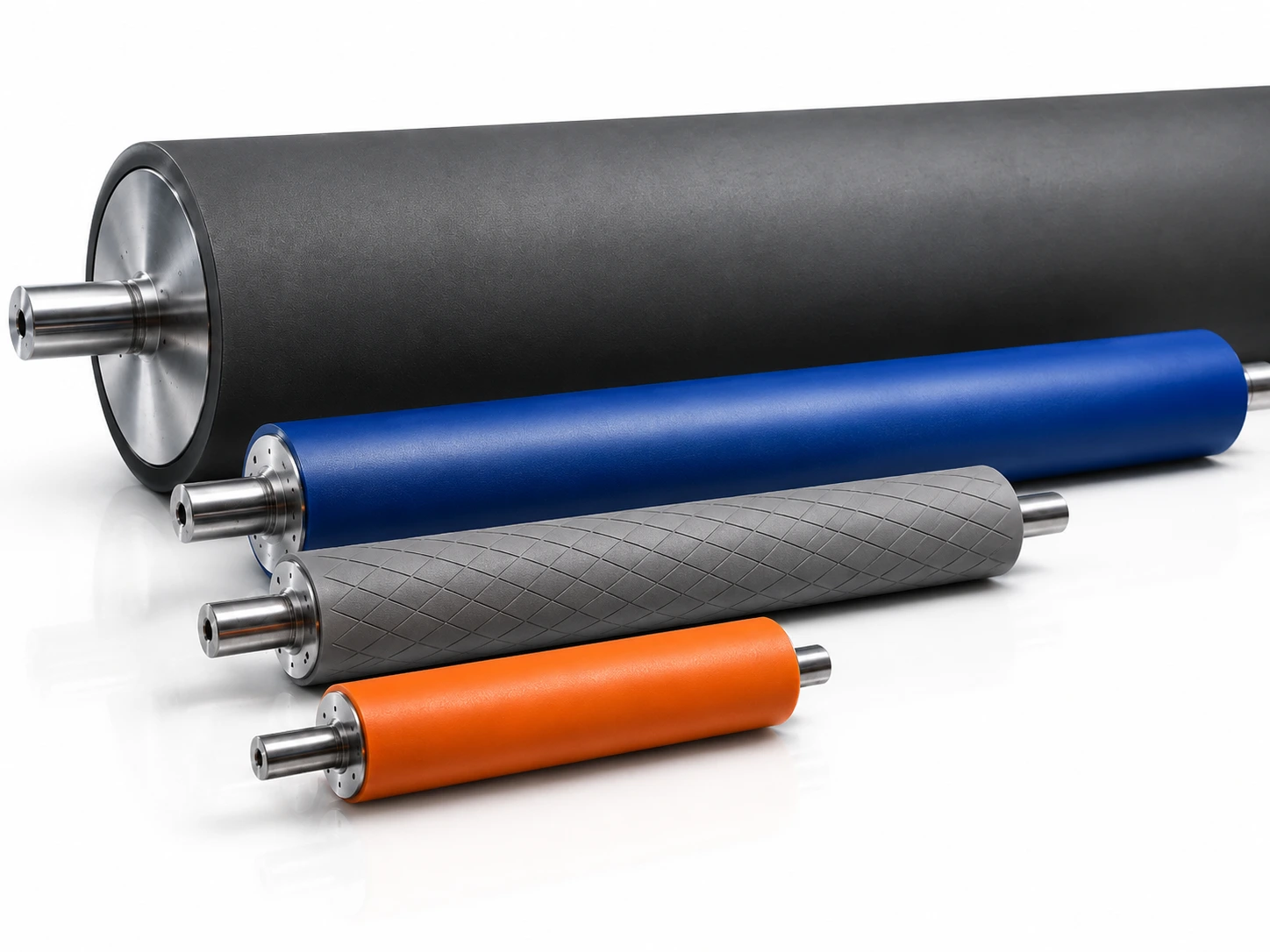 Rouleaux nip nitrile 80 Shore A et polyuréthane 90 Shore A, rouleau SBR à rainurage diamant, rouleau libre et roues