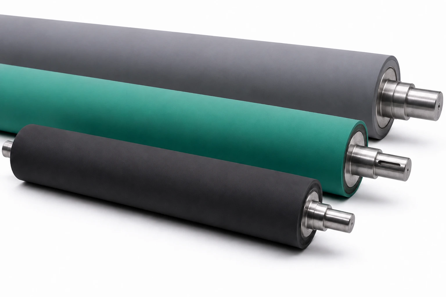 Trois rouleaux industriels recouverts de caoutchouc