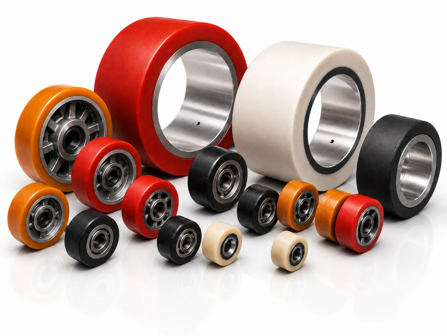 Roues motrices et de guidage recouvertes de caoutchouc et de polyuréthane, pour une traction stable sans marquer la charge