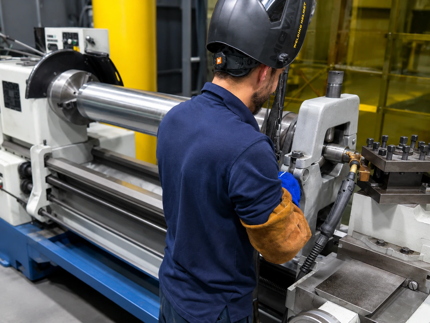 Machiniste Soremag usinant un rouleau d'acier sur tour — réparation et remise aux cotes de pièces métalliques, Québec