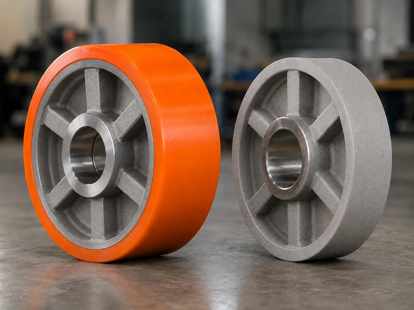 Deux cœurs de roue côte à côte — acier sablé prêt pour l'adhésion et cœur recouvert de polyuréthane, Soremag