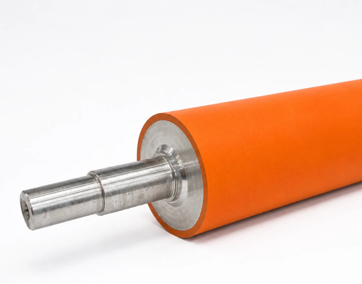 Rouleau recouvert de silicone orange mat sur mandrin d'acier — coupe du recouvrement et portées usinées visibles