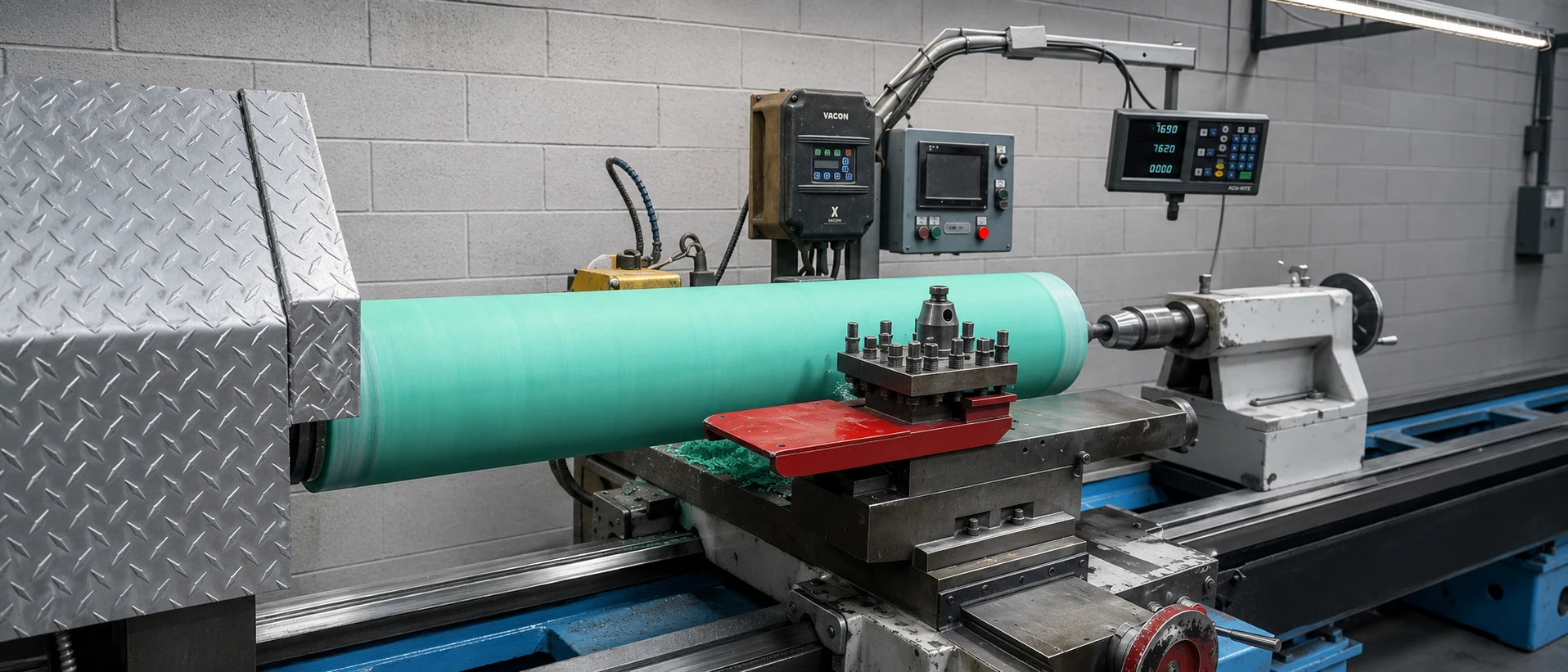 Long rouleau recouvert de caoutchouc nitrile/PVC usiné sur un tour à meuler — Soremag, Laval