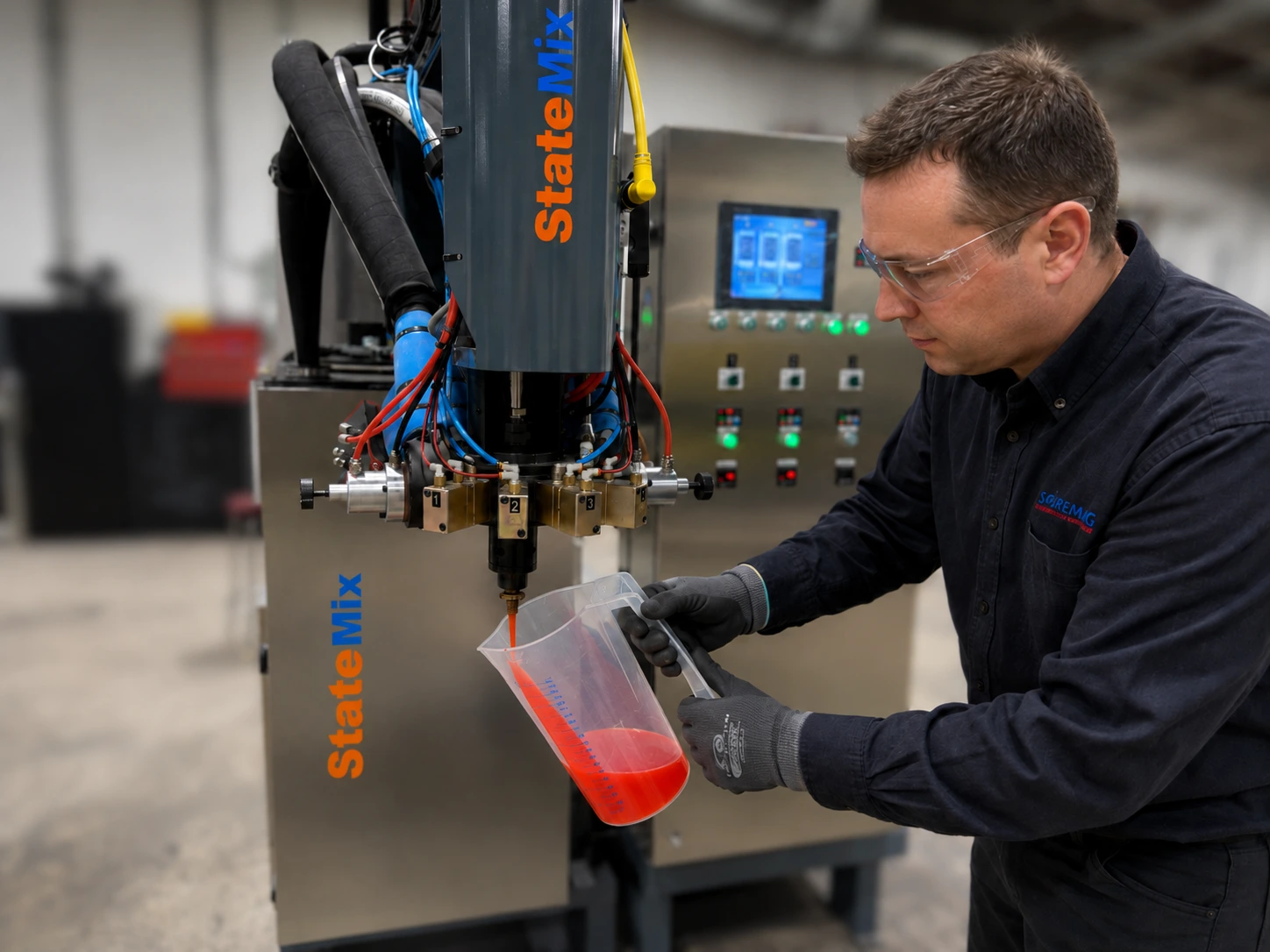Technicien Soremag coulant du polyuréthane liquide rouge depuis un dispenseur automatique — Laval