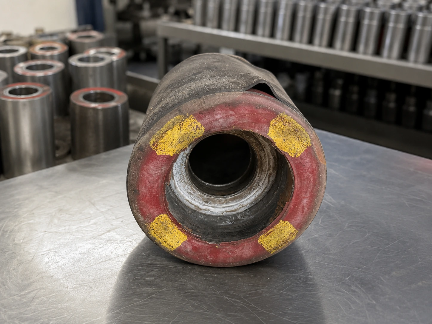 Pièce moulée en polyuréthane double dureté usée et décollée, en fin de vie