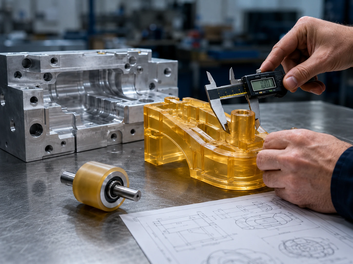 Prototype de pièce en polyuréthane, moule aluminium et pied à coulisse — prototypage et pré-série Soremag, Québec